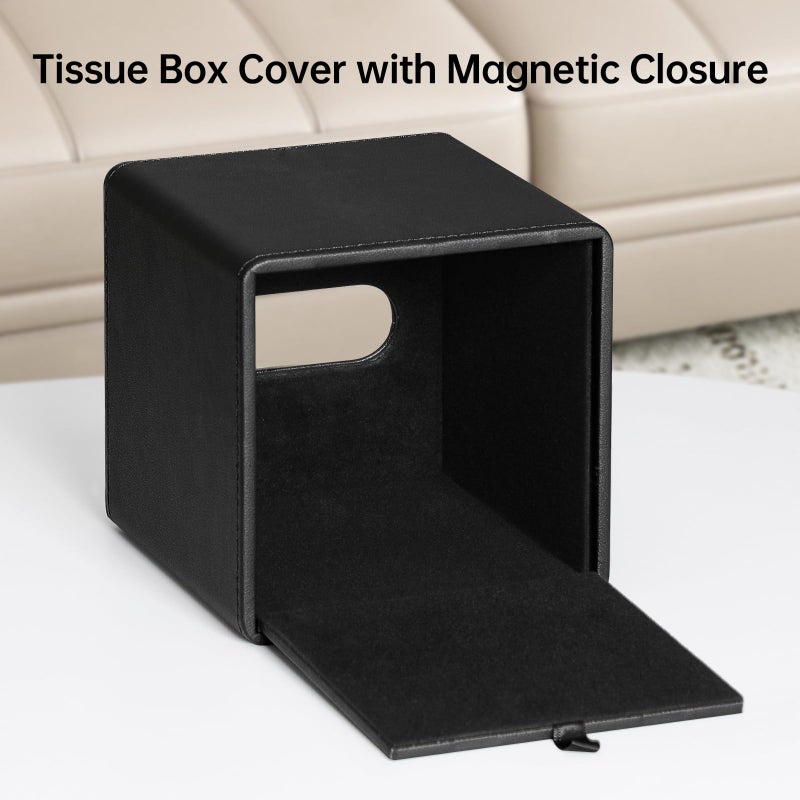 MEIBOOCH PU Leather Tissue Box Cover Square Tissue Box Holder with Magnetic Closure (Black) - Image 3